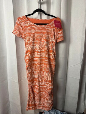 Isabel Maternity Women's Orange and White Patterned Medium Dress with Tags